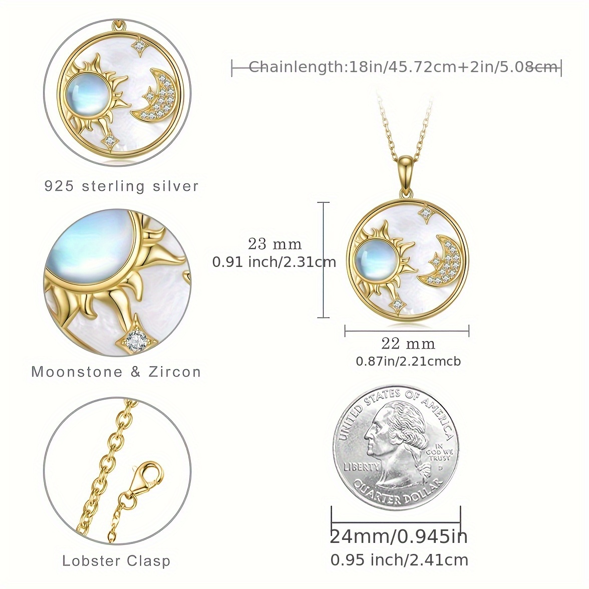 Women's S925 Pendant Necklace with Moonstone Inlaid Shell Sun Moon Star Pendant